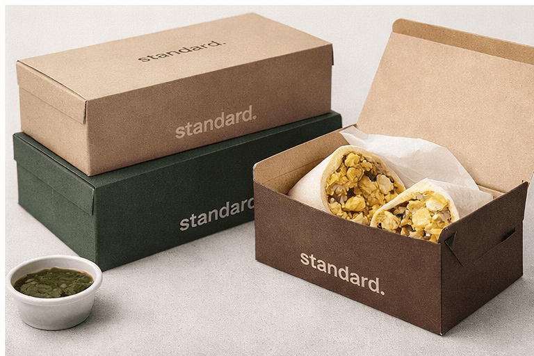 Stacked standard. takeaway boxes with breakfast burritos