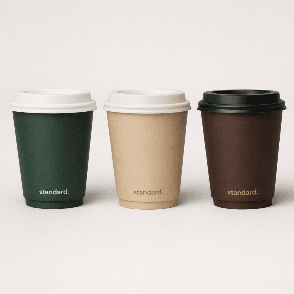 Three standard. cups in forest green, kraft tan, and espresso brown